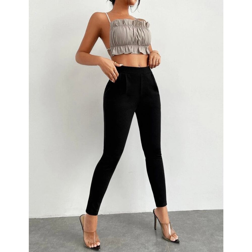 SHEIN Petite M Solid Pleated Detail Skinny Black Pants Pull On Stretch Career